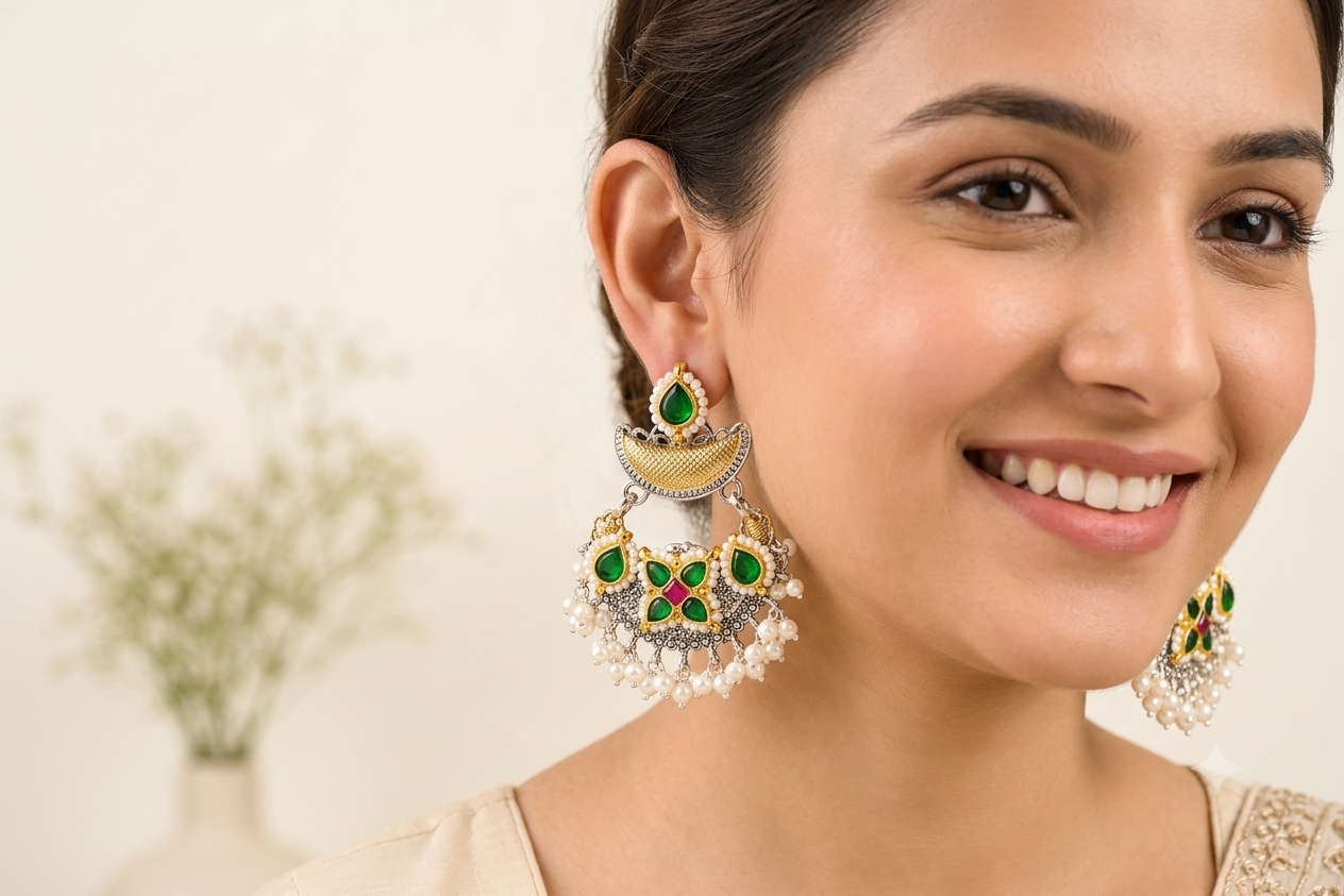 Emerald Bloom Pearl Drop Earrings