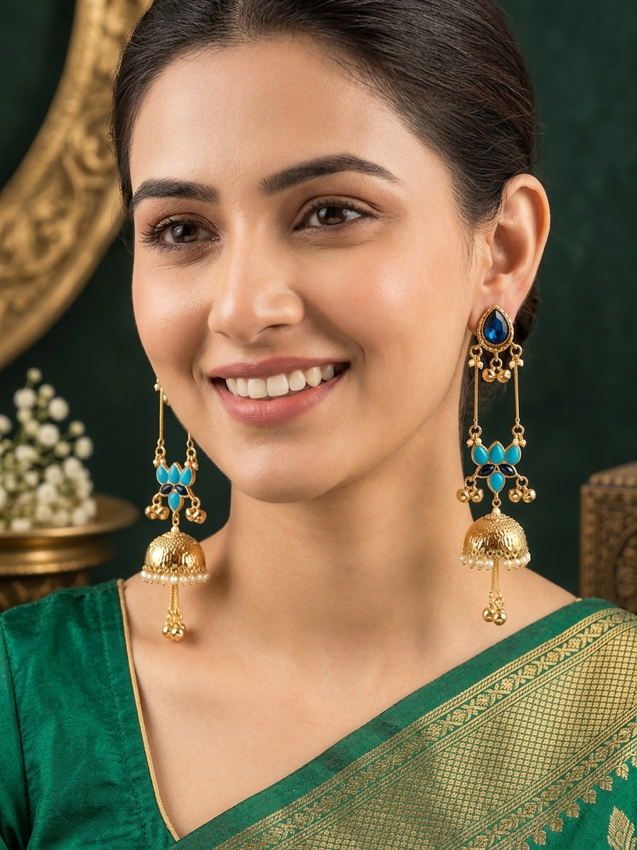 Royal Blue & Turquoise Long Jhumka Earrings