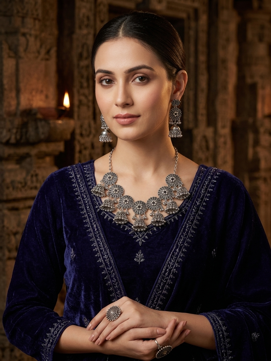 Antique Silver Floral Jhumka Necklace Set