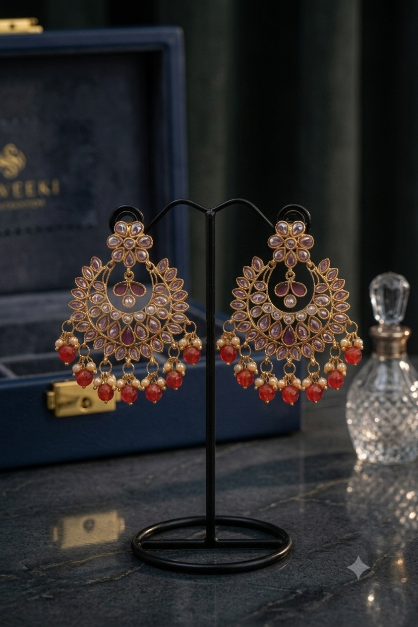Red Royal Kundan Chandbali Earrings