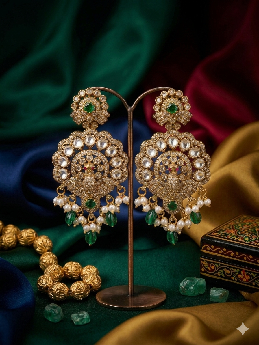 Green Timeless Royalty – Pearl & Stone Studded Chandbali Earrings