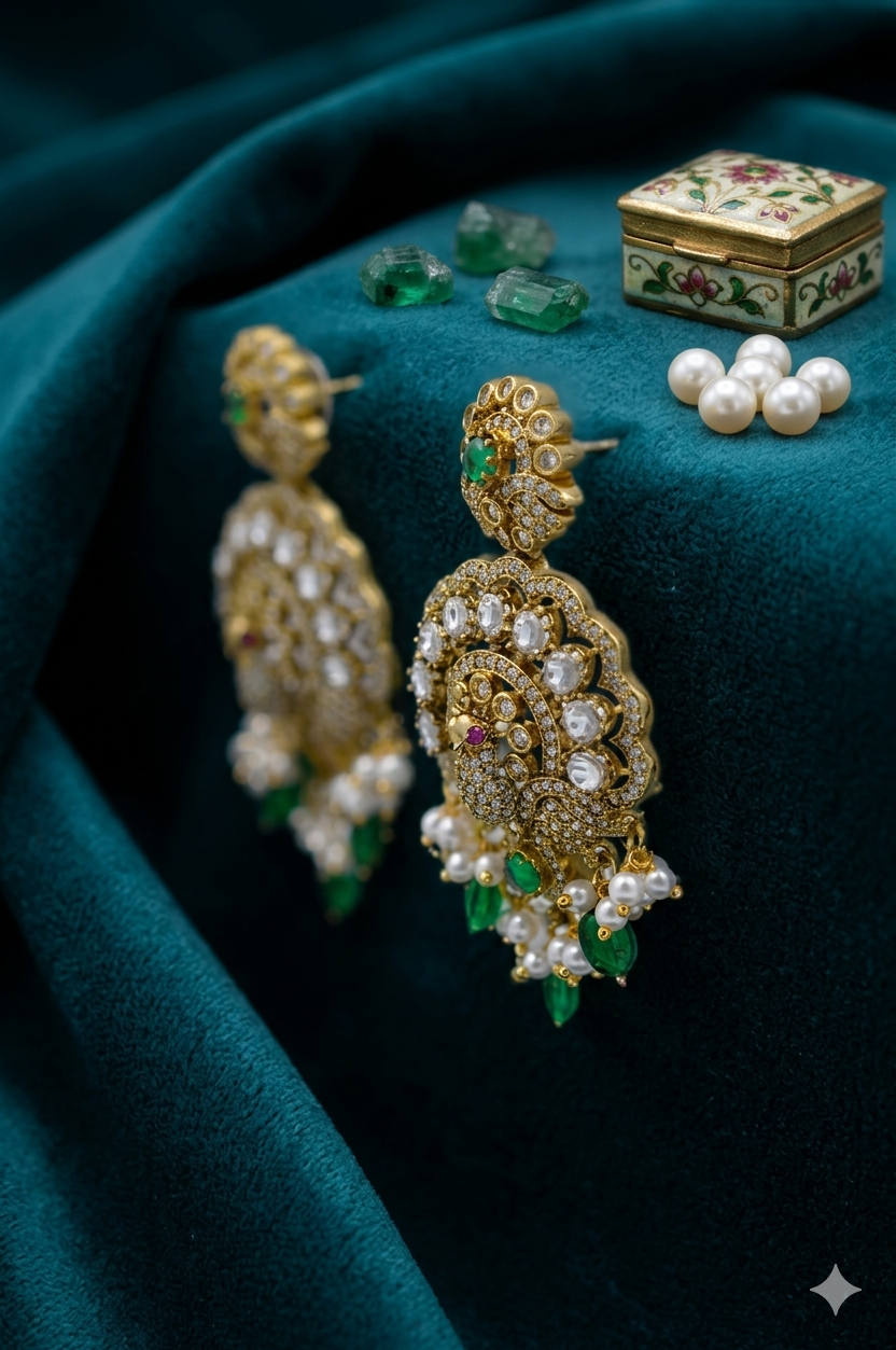 Green Timeless Royalty – Pearl & Stone Studded Chandbali Earrings