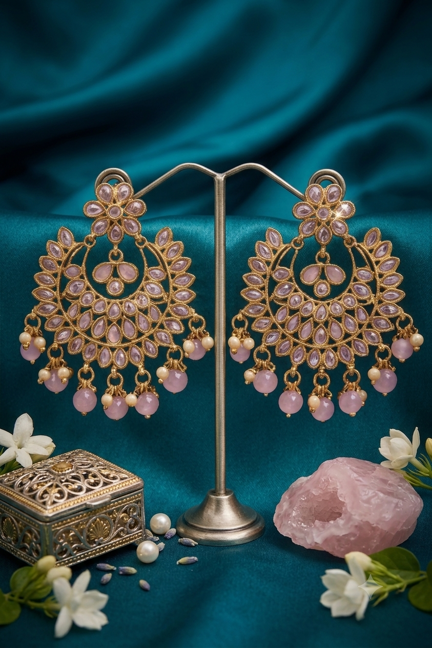 Pink Royal Kundan Chandbali Earrings