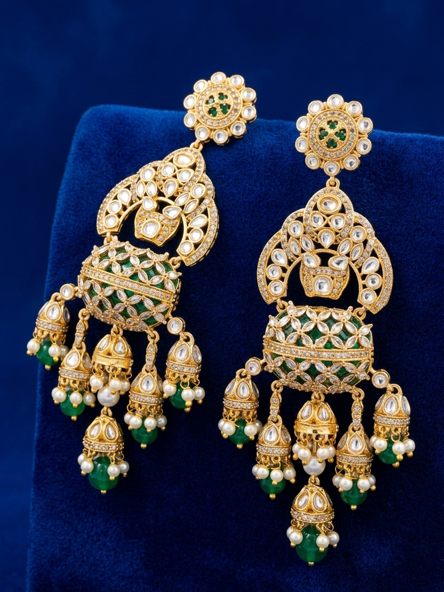 Royal Emerald Green Kundan Long Drop Earrings
