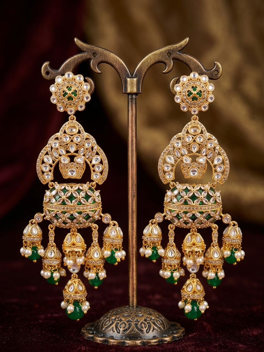 Royal Emerald Green Kundan Long Drop Earrings