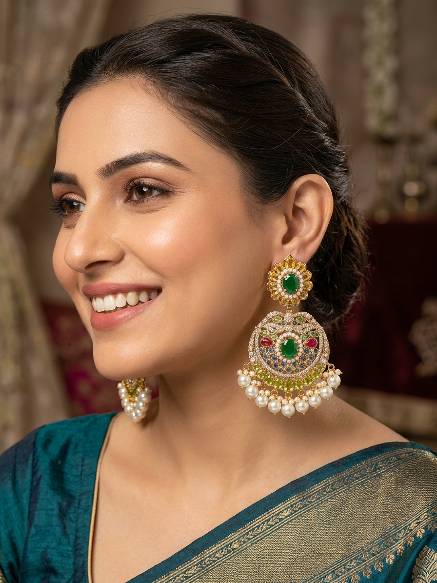 Emerald Pearl Kundan Chandbali Earrings