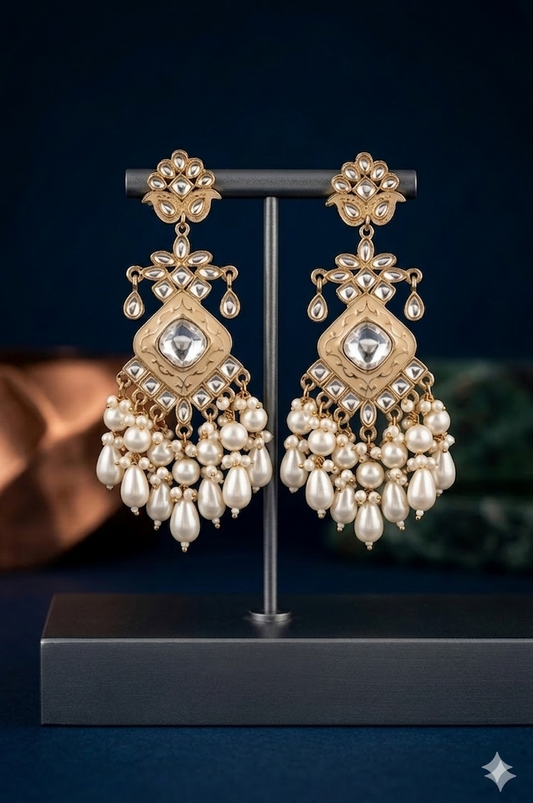 White Elegant Kundan & Pearl Chandbali Earrings