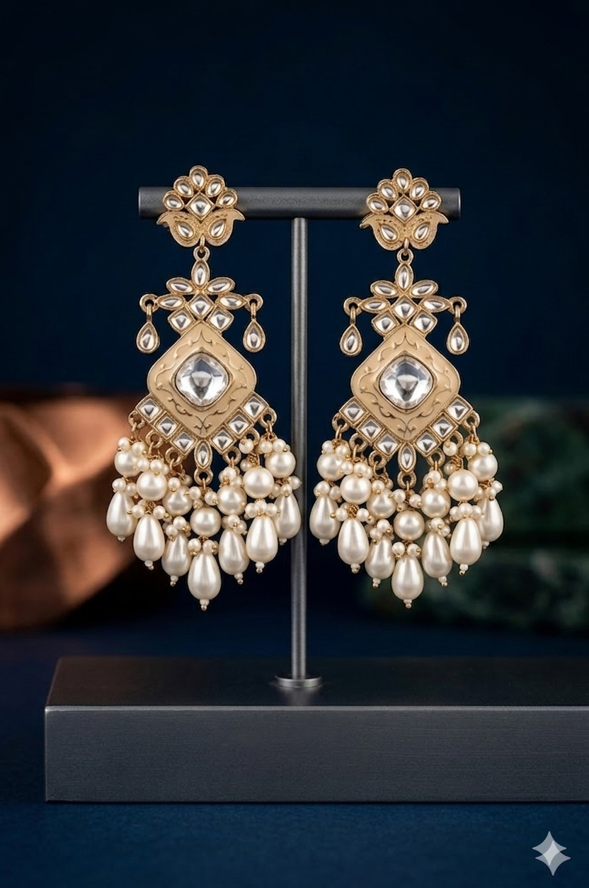 White Elegant Kundan & Pearl Chandbali Earrings