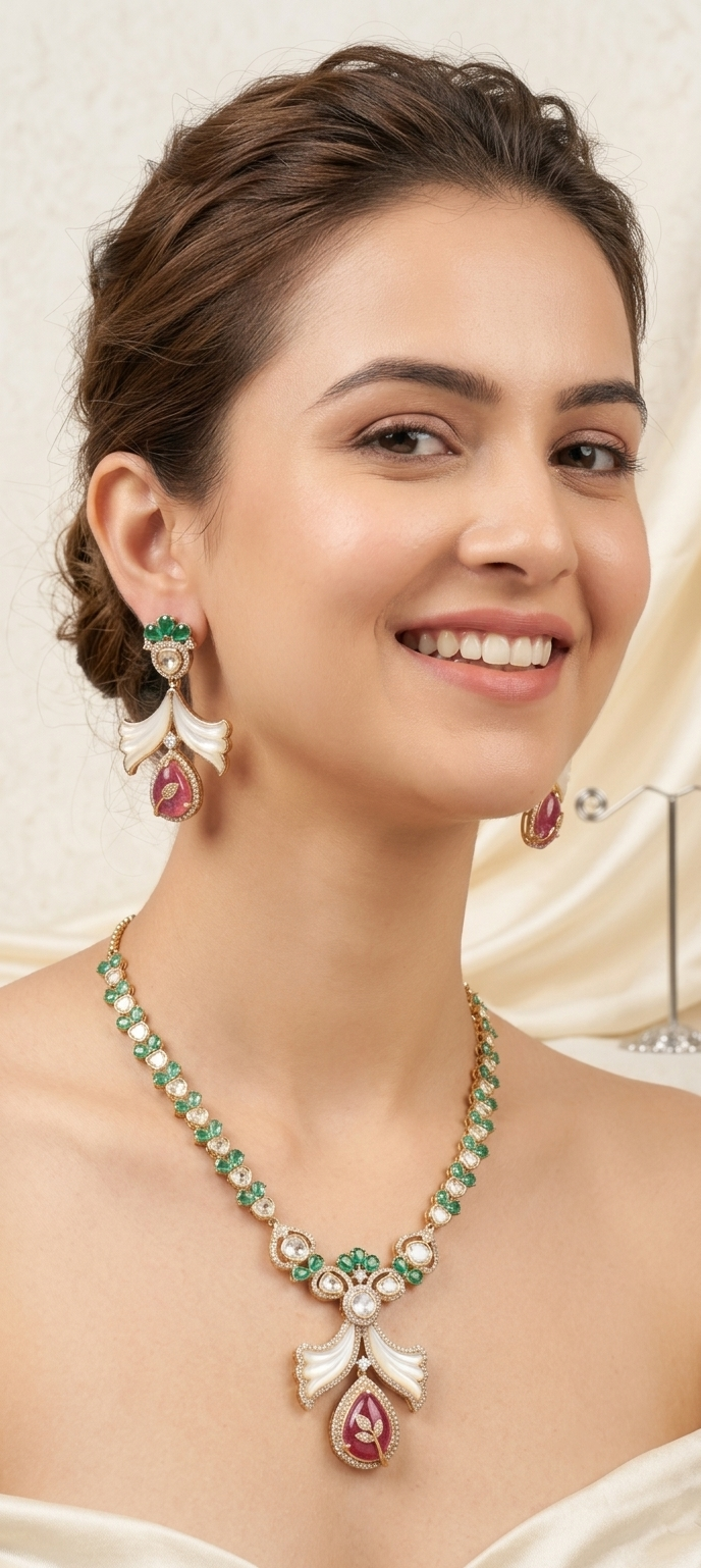 Royal Emerald & Pink Floral Necklace Set