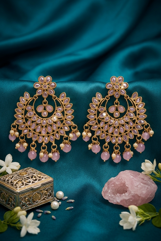 Pink Royal Kundan Chandbali Earrings