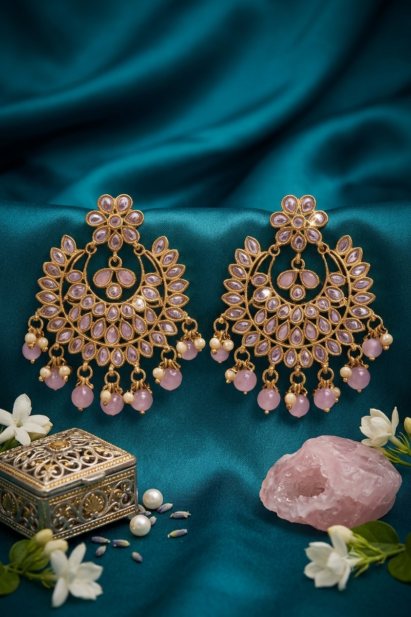 Pink Royal Kundan Chandbali Earrings