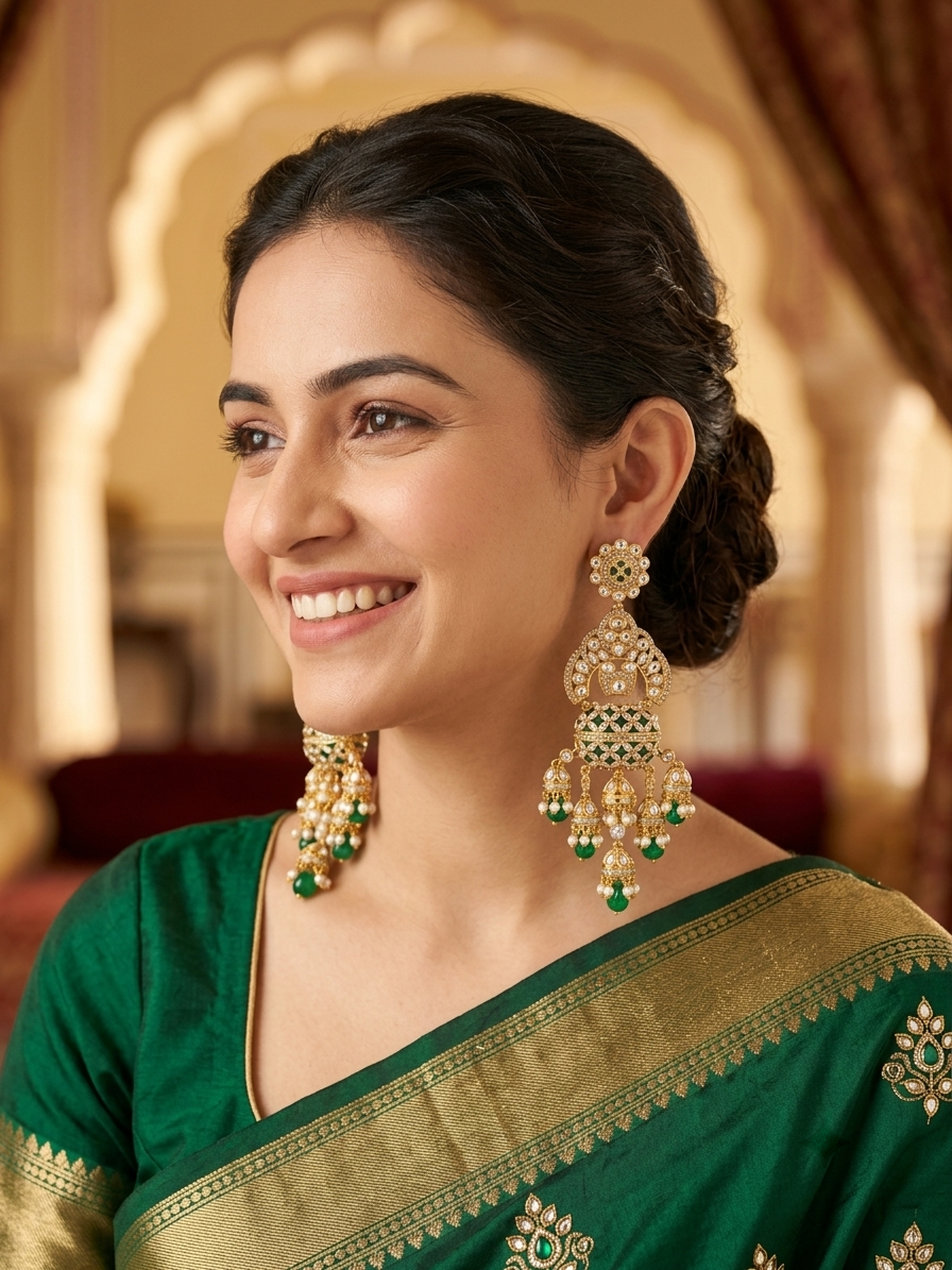 Royal Emerald Green Kundan Long Drop Earrings