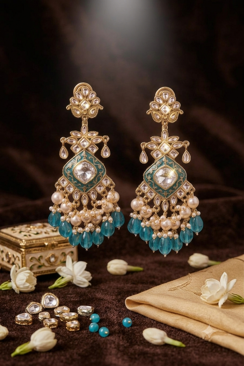 Turquoise Blue Elegant Kundan & Pearl Chandbali Earrings