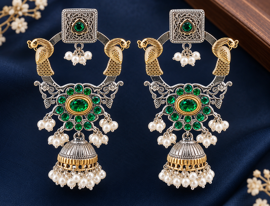Emerald Peacock Pearl Jhumka Earrings