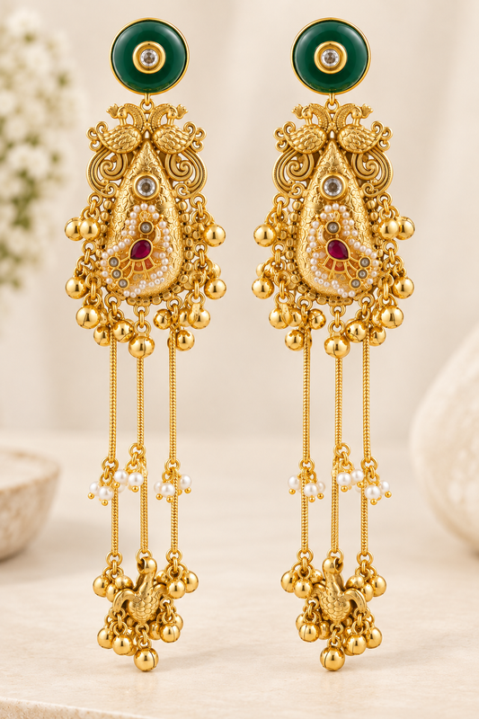 Emerald Peacock Long Chandelier Earrings