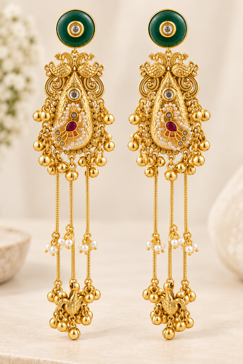 Emerald Peacock Long Chandelier Earrings