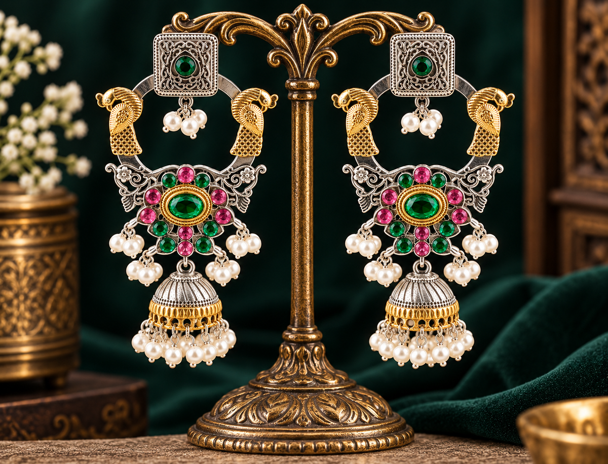 Emerald Pink Peacock Jhumka Earrings