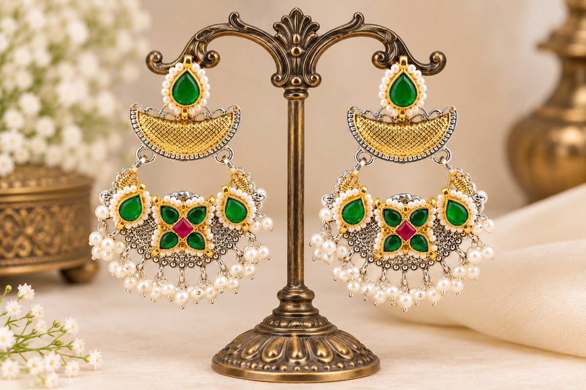 Emerald Bloom Pearl Drop Earrings