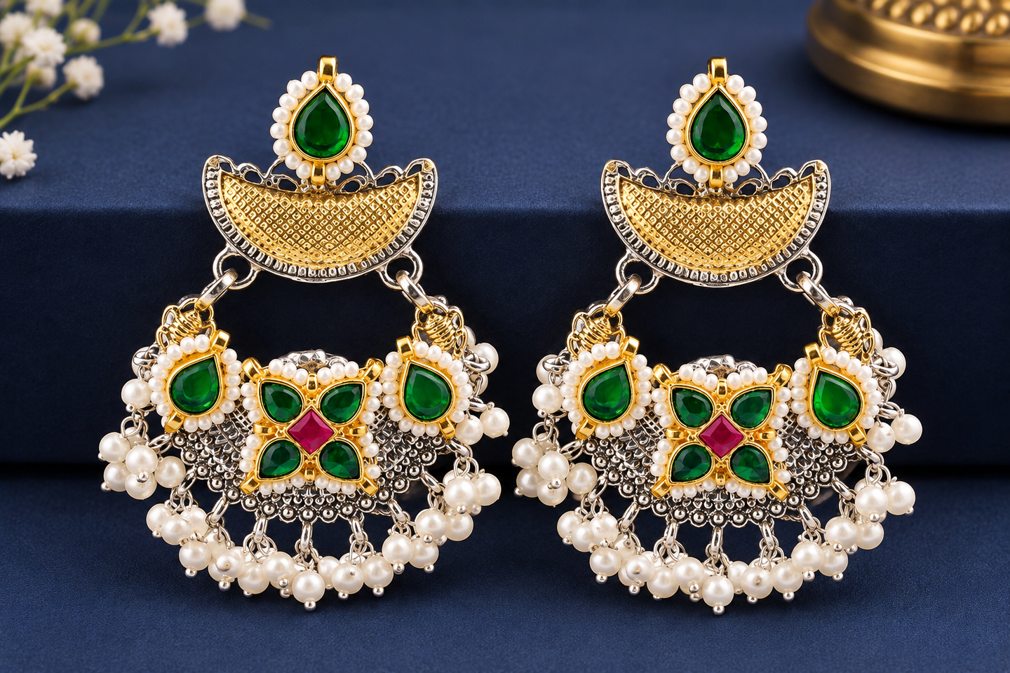 Emerald Bloom Pearl Drop Earrings