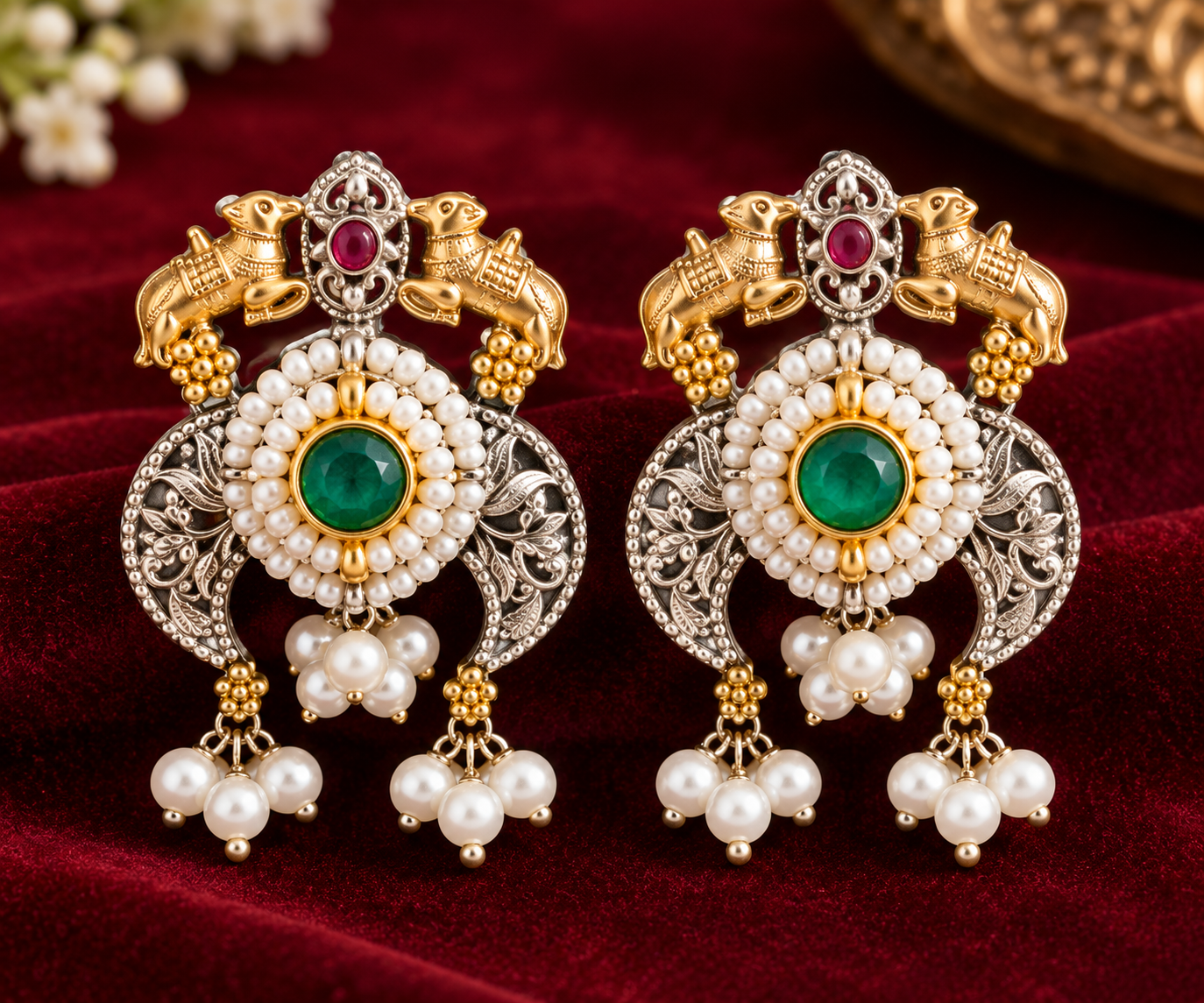 Regal Ruby & Emerald Pearl Necklace Set