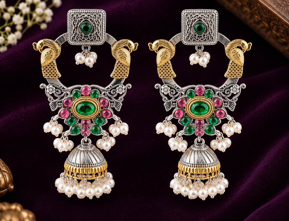 Emerald Pink Peacock Jhumka Earrings