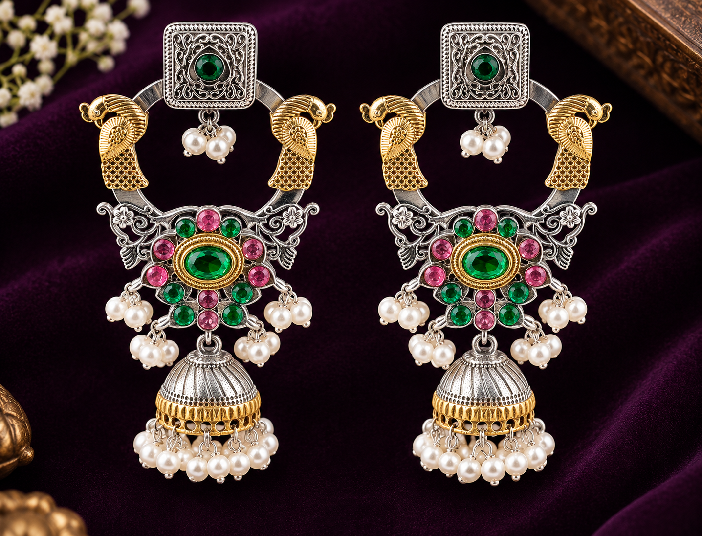 Emerald Pink Peacock Jhumka Earrings