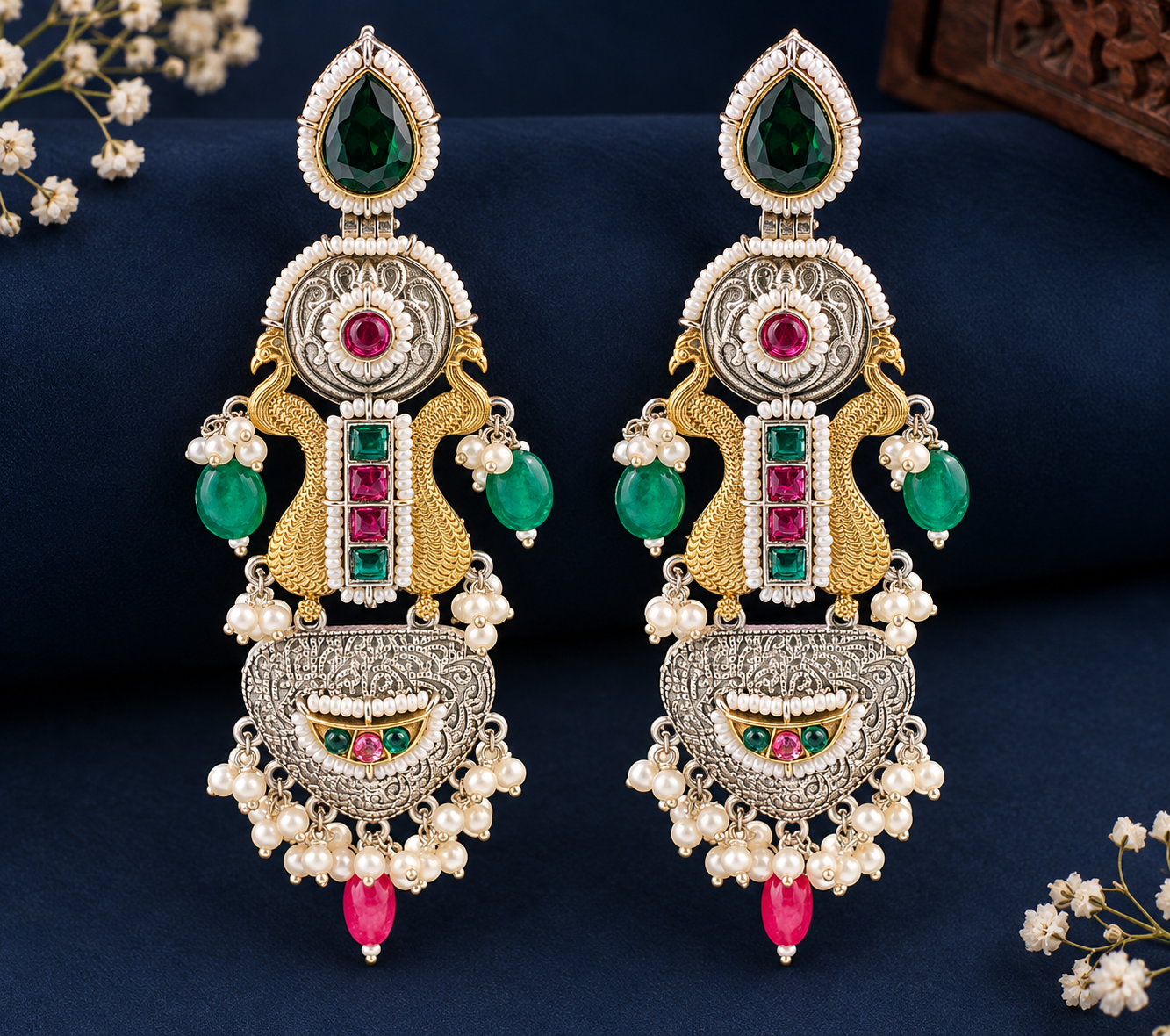 Heritage Emerald Ruby Pearl Drop Earrings