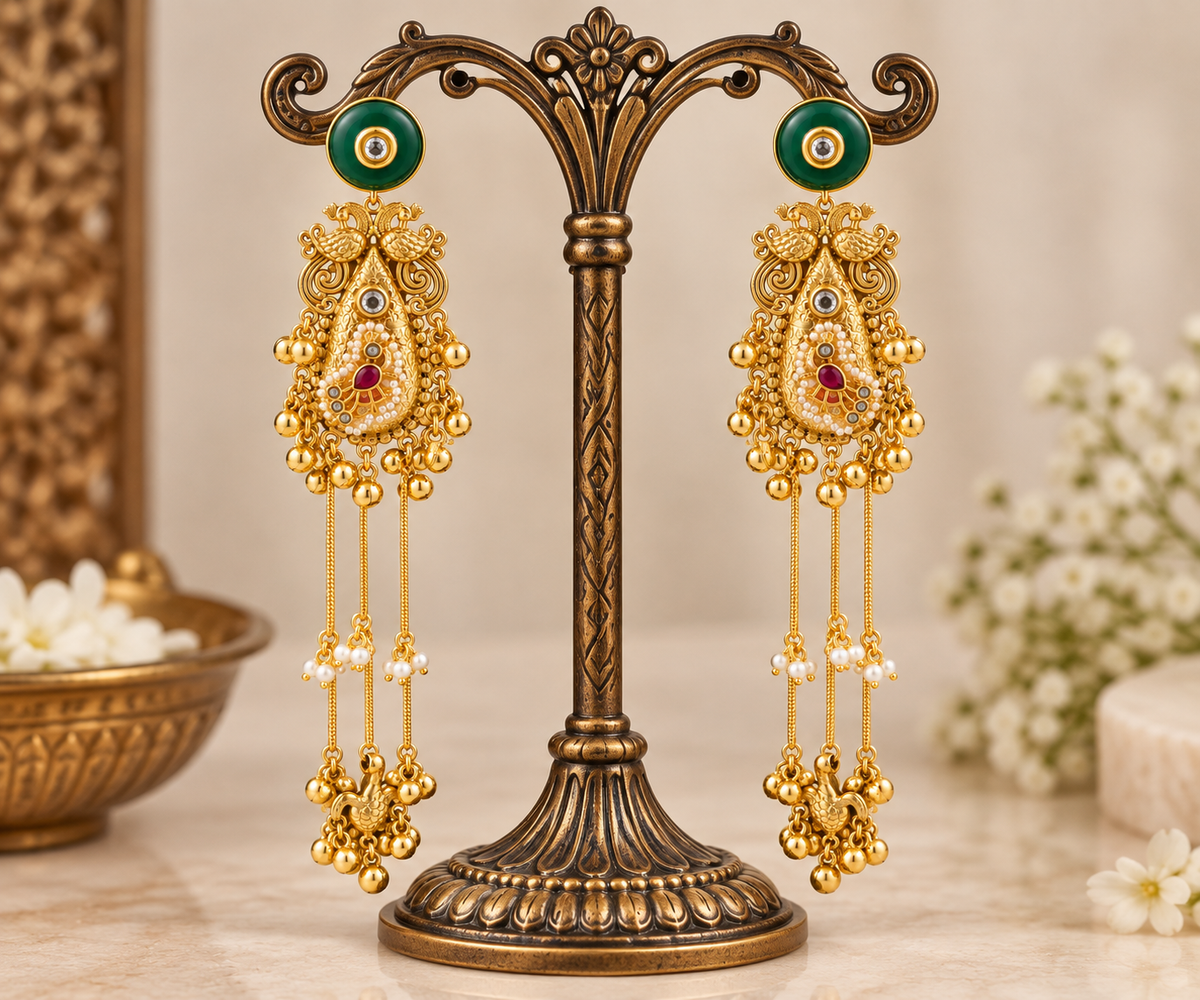 Emerald Peacock Long Chandelier Earrings