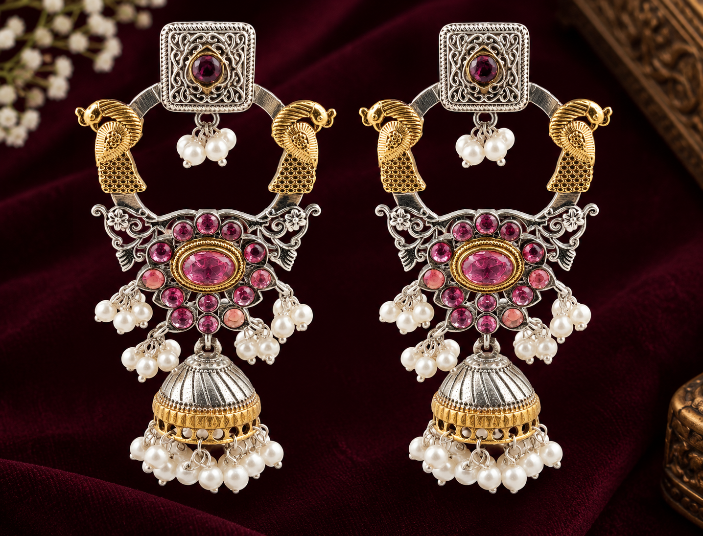 Royal Pink Peacock Jhumka Earrings