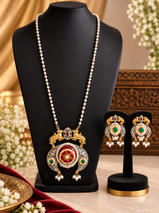 Regal Ruby & Emerald Pearl Necklace Set