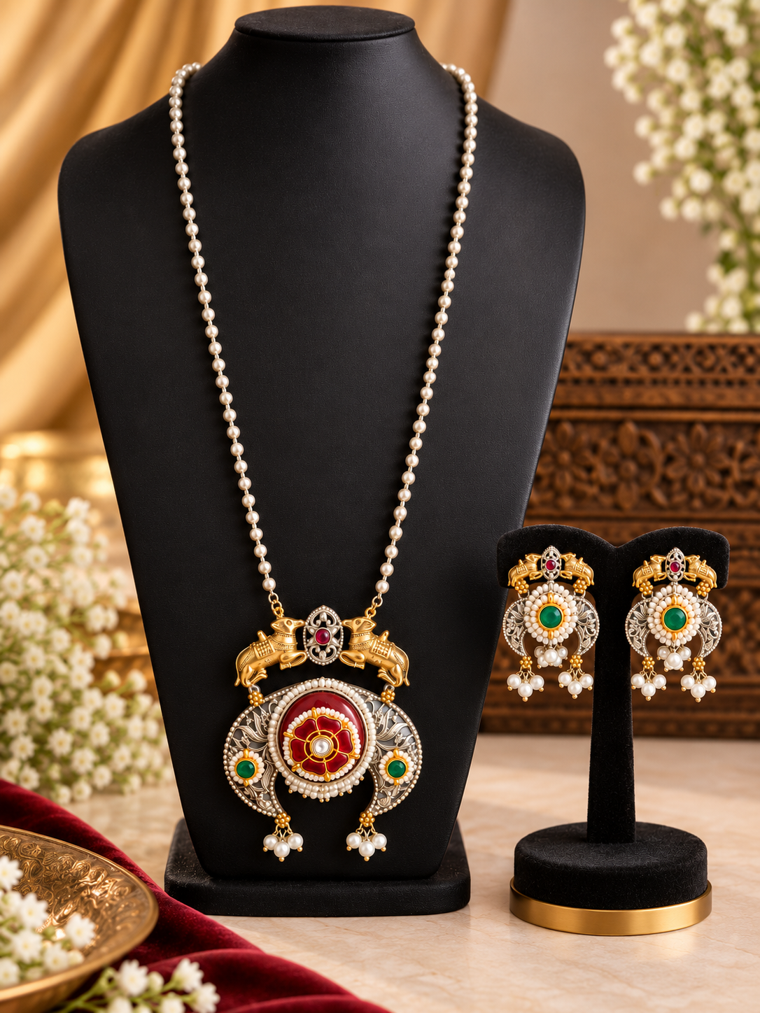 Regal Ruby & Emerald Pearl Necklace Set