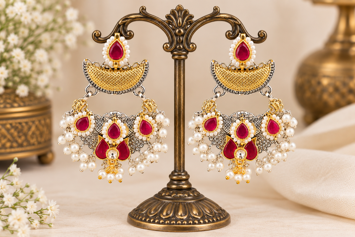 Ruby Bloom Pearl Drop Earrings