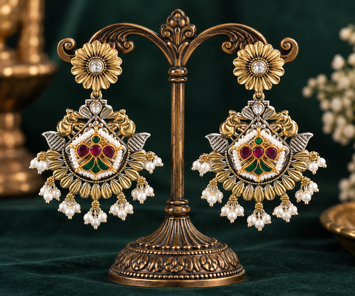 Emerald Ruby Peacock Chandelier Earrings