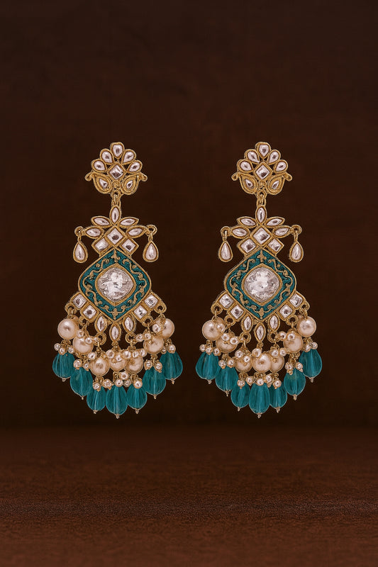 Turquoise Blue Elegant Kundan & Pearl Chandbali Earrings