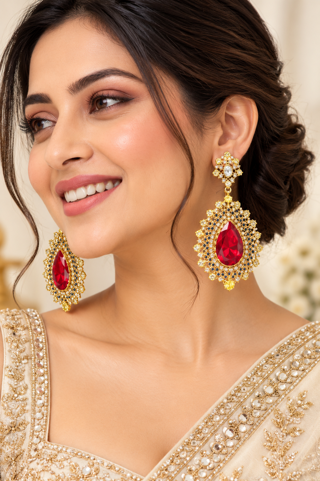 Ruby Red Crystal and Blue Statement Drop Earrings