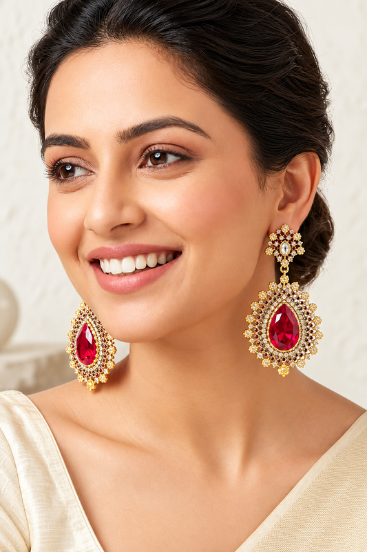 Ruby Red Crystal and Blue Statement Drop Earrings