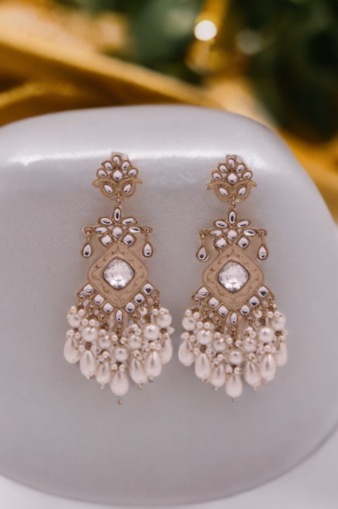 White Elegant Kundan & Pearl Chandbali Earrings