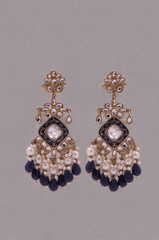 Navy Blue Elegant Kundan & Pearl  Chandbali Earrings