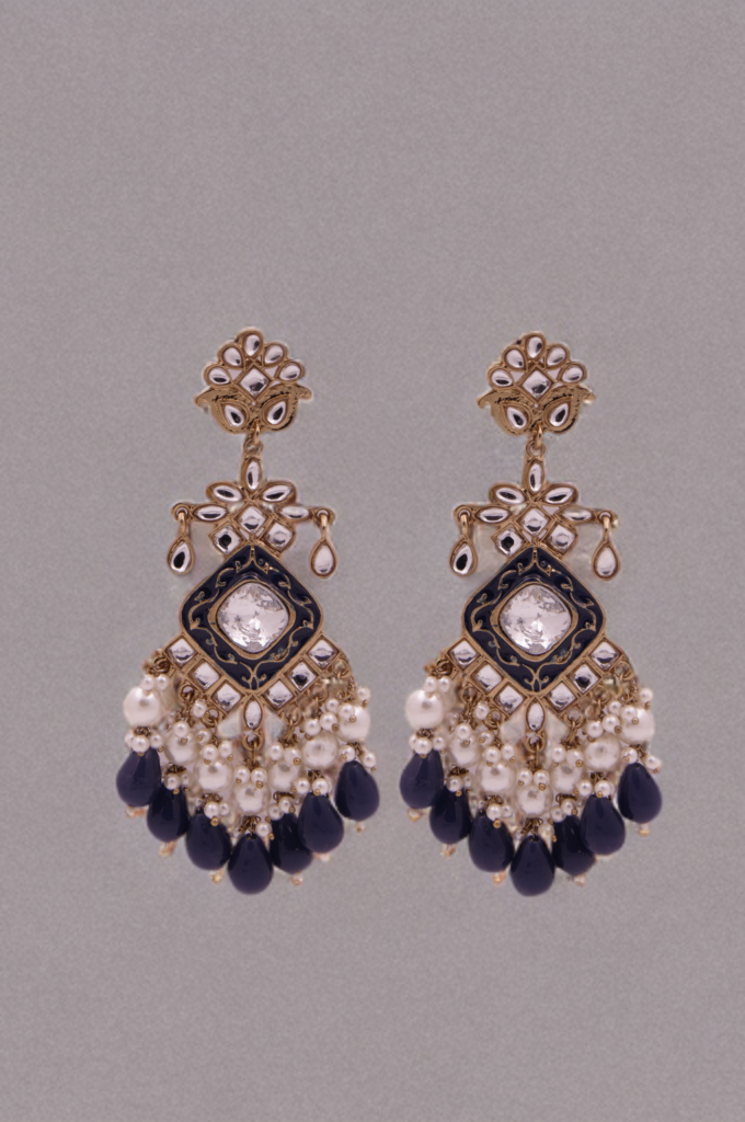 Navy Blue Elegant Kundan & Pearl  Chandbali Earrings