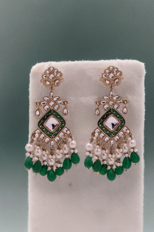 Green Elegant Kundan & Pearl  Chandbali Earrings