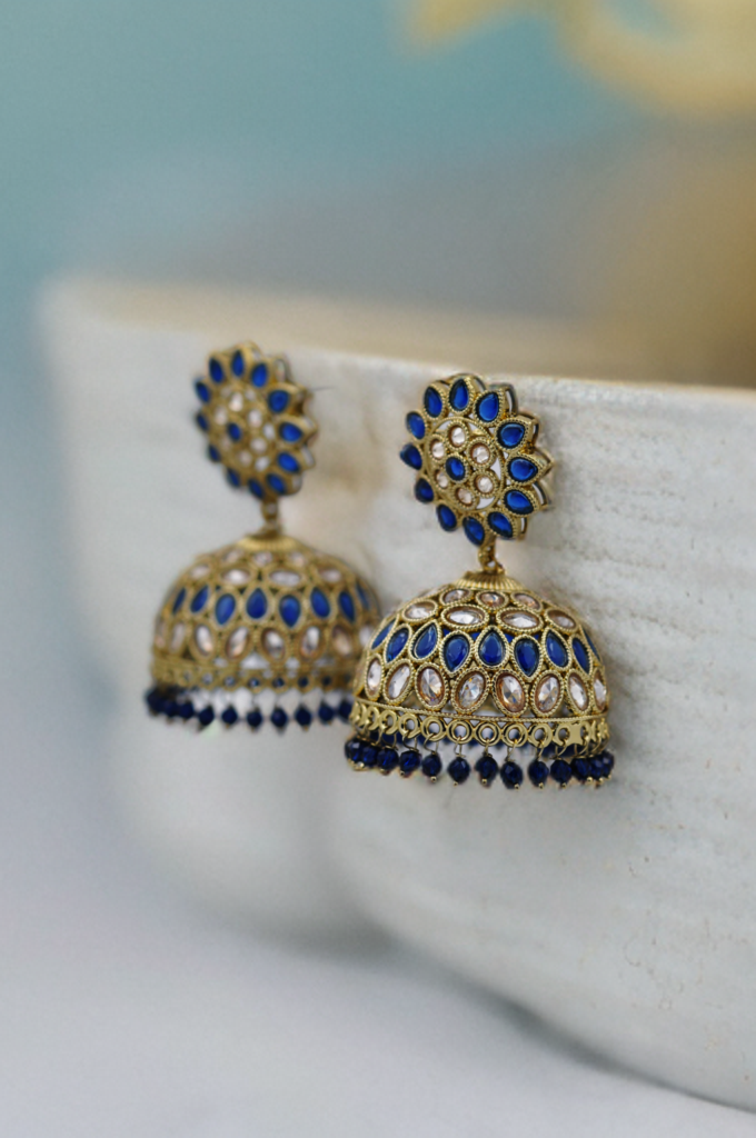 Royal Blue Kundan Jhumka Earrings