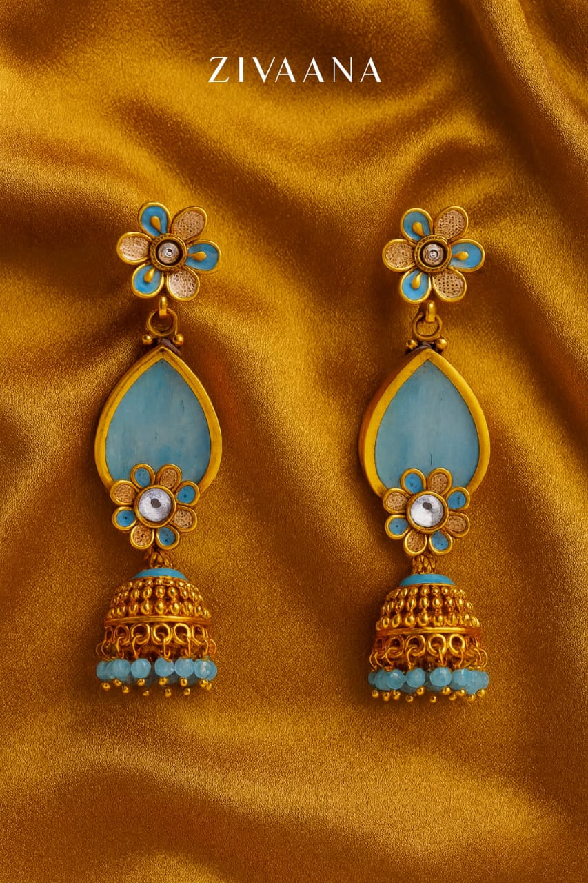 Sky Blue Regal Gold Jhumka Earrings
