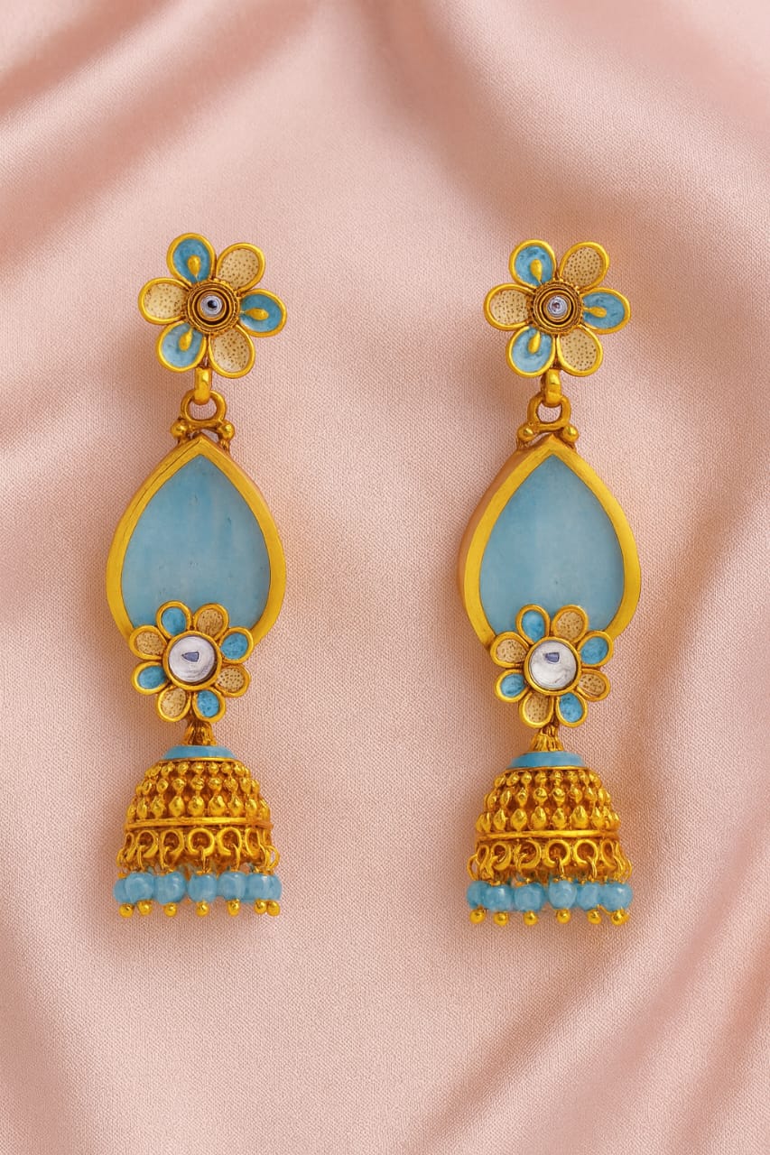 Sky Blue Regal Gold Jhumka Earrings