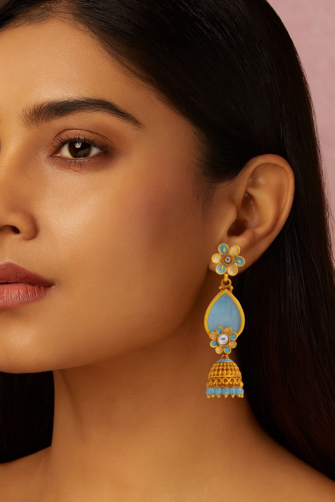 Sky Blue Regal Gold Jhumka Earrings