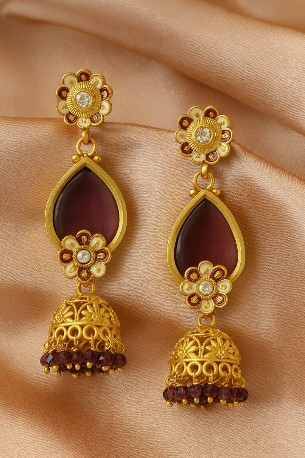 Maroon Regal Gold Jhumka Earrings