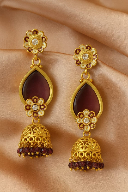 Maroon Regal Gold Jhumka Earrings