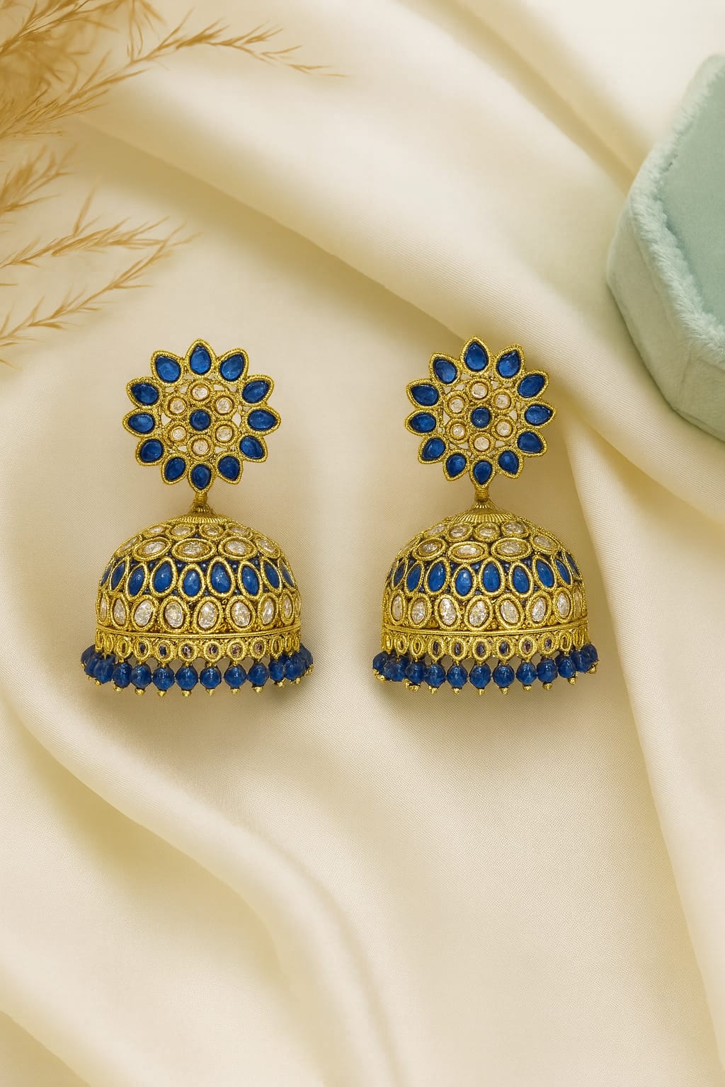 Royal Blue Kundan Jhumka Earrings