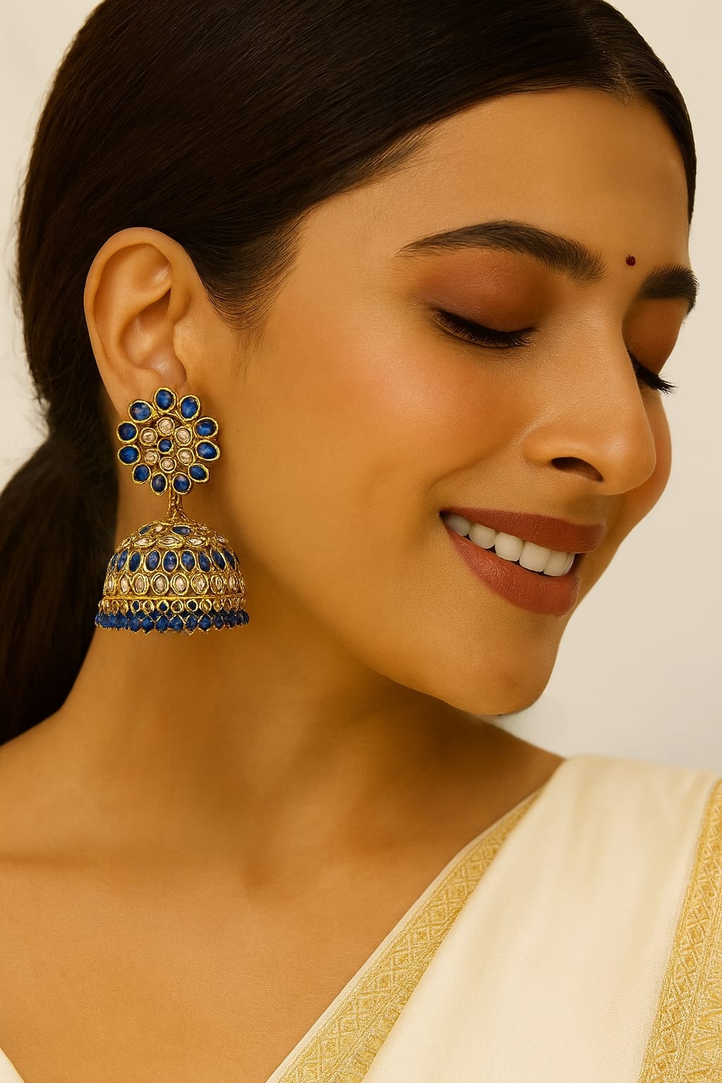 Royal Blue Kundan Jhumka Earrings
