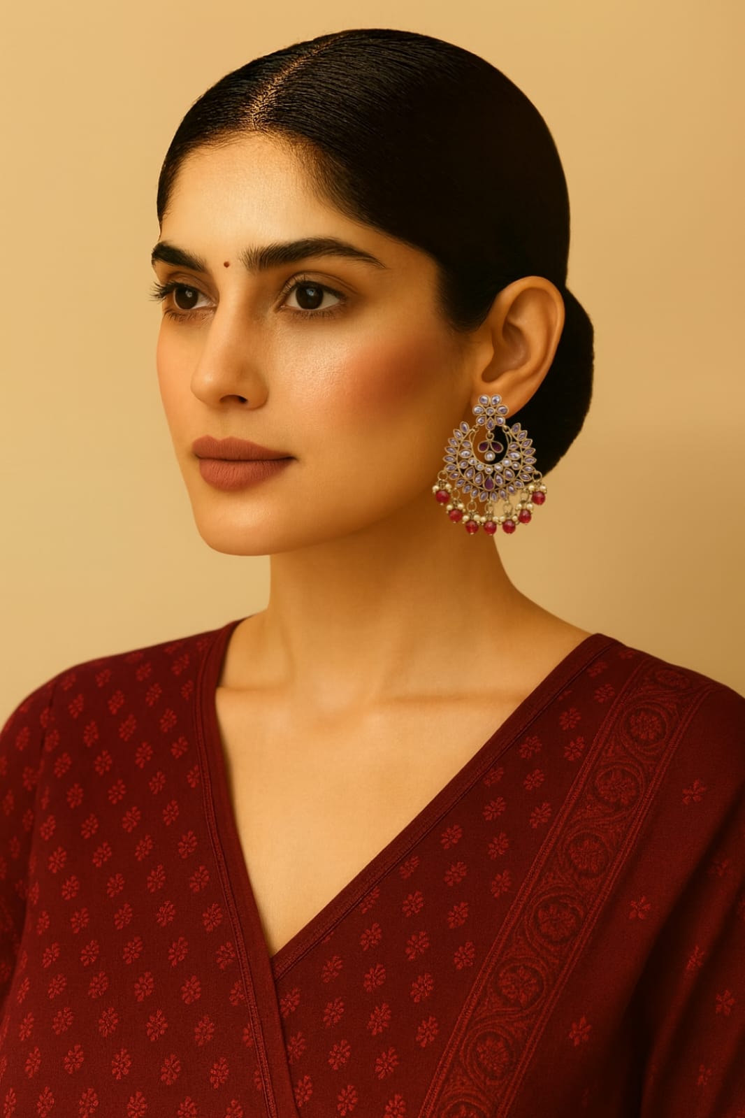 Red Royal Kundan Chandbali Earrings