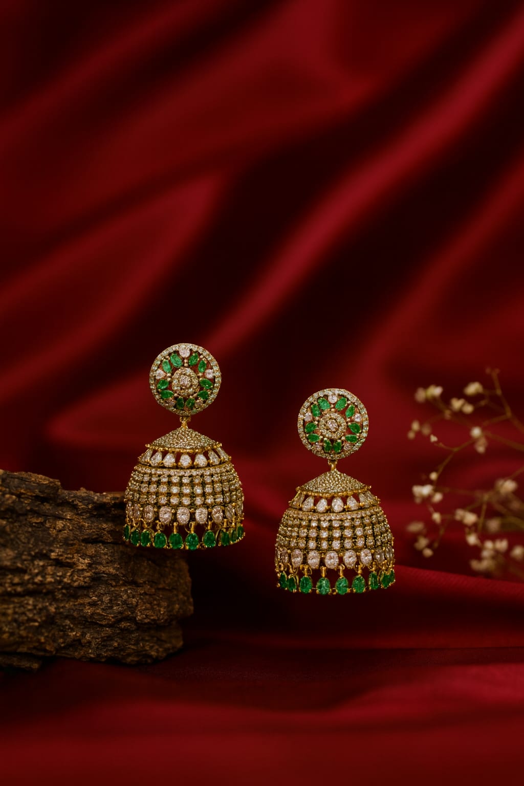 Emerald Majestic Golden Diamond Jhumkas